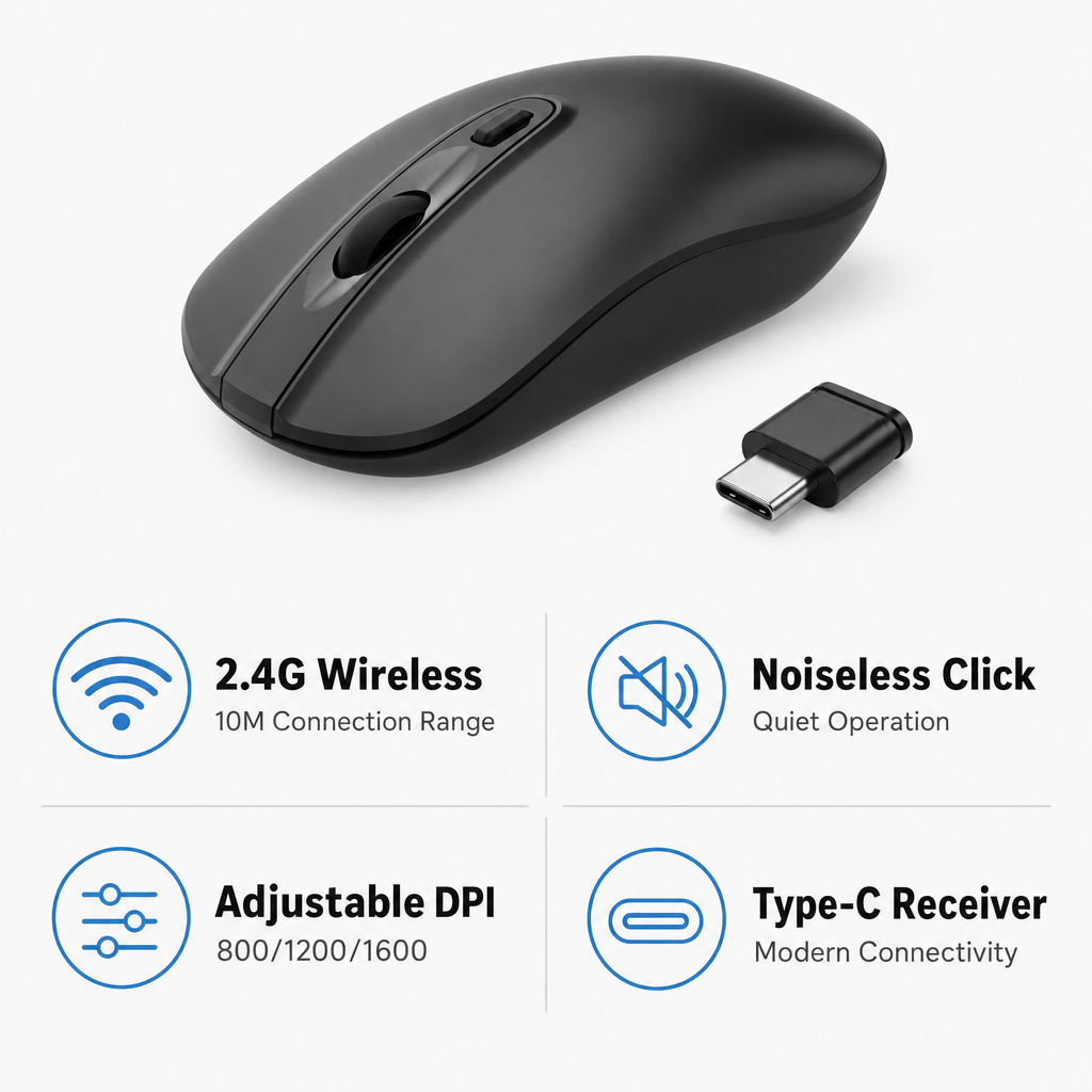 RaceGT Wireless Mouse Slim Ultra Thin 2.4G Wireless Computer Mouse with Type-C Nano USB Receiver, Portable Silent Office Mouse for Laptop Desktop PC, Portable Travel Office Mouse,Black