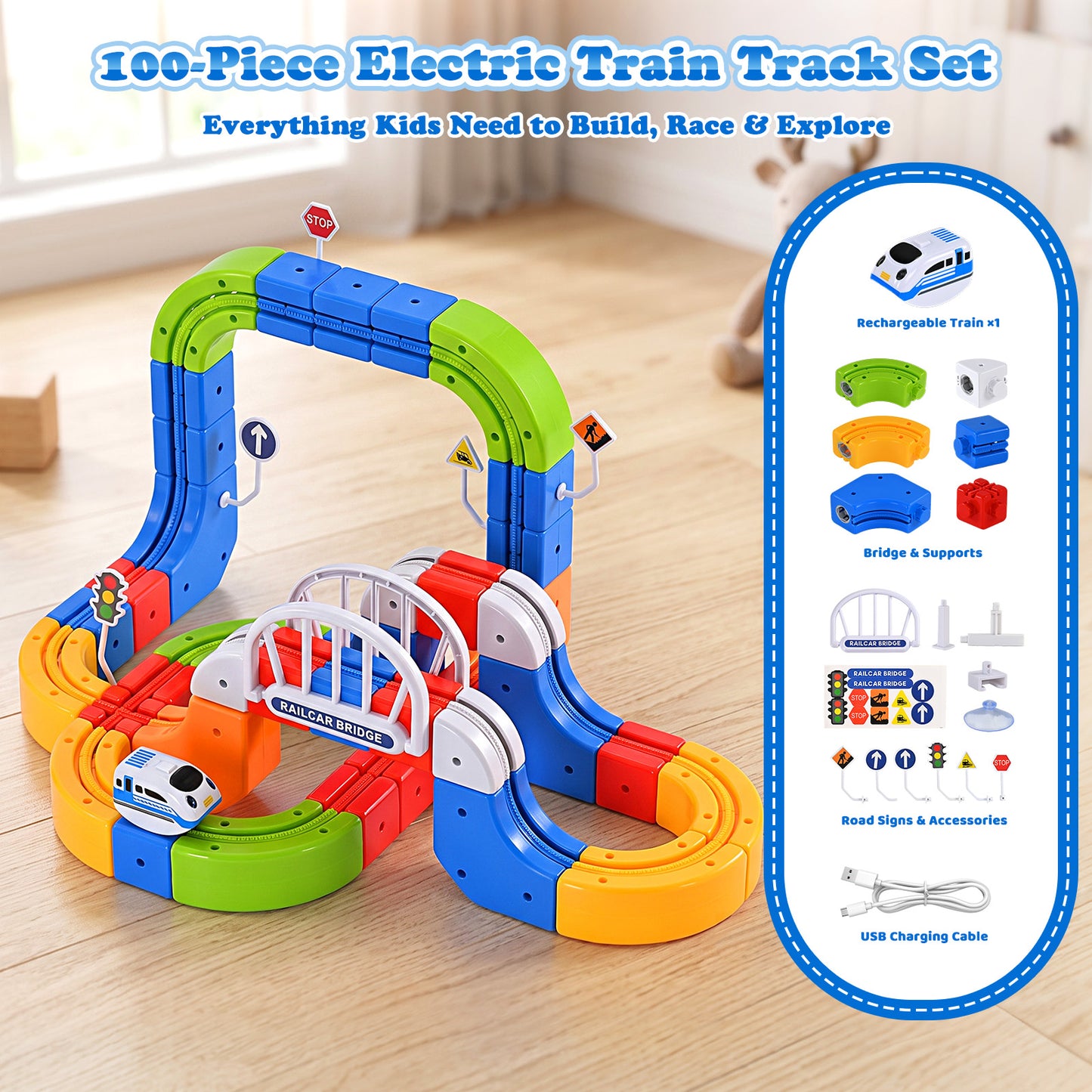 RaceGT Electric Train Set for Kids, 100Pcs Build 3D DIY Track Building Kits with Train and Traffic Signs, Racing Track Sets, STEM Car Toy Set for Boys Girls, 3 4 5 6 7 8 Years Old Birthday Gift