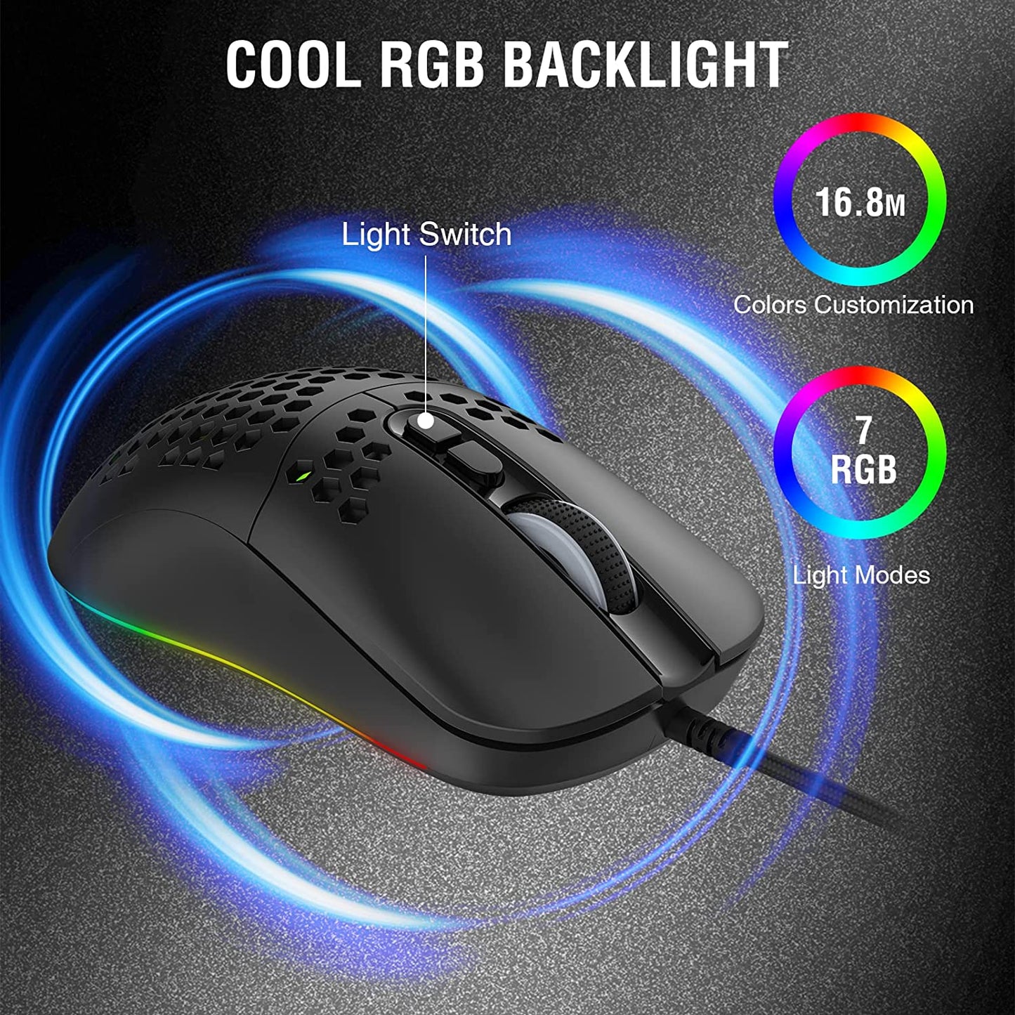 RaceGT Wired Gaming Mouse with Honeycomb Shell, Adjustable8000 DPI, 7 Programmable Buttons, Lightweight Gaming Mice with 6 RGB Backlight for Windows PC Gaming and Office, Black