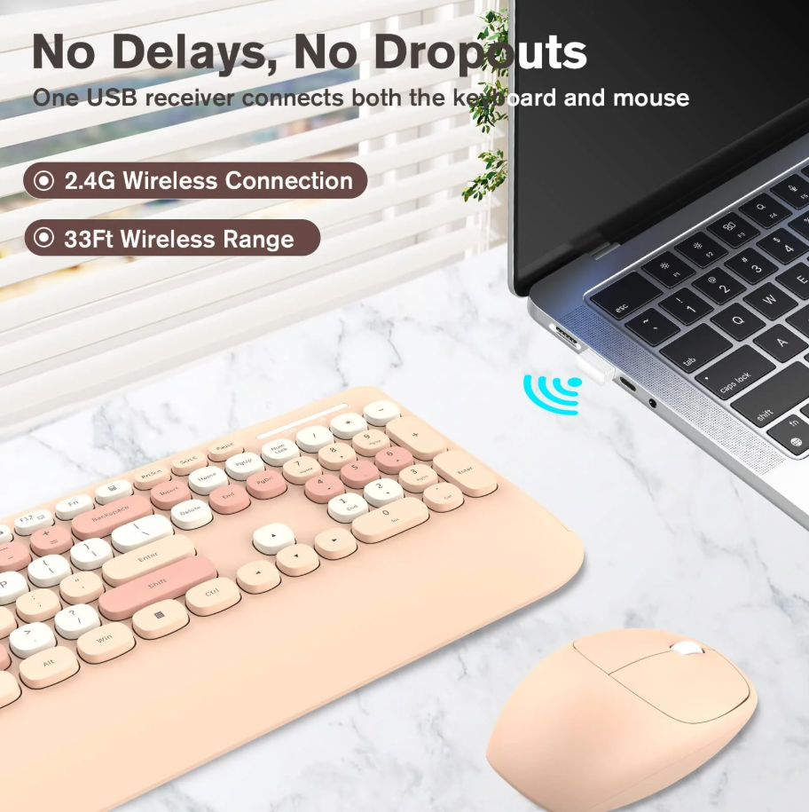 RaceGT Wireless Keyboard and Mouse Combo, Ergonomic Keyboard with Wrist Rest, Sleep Mode, Silent 2.4GHz Cordless Keyboard Mouse Combo for Computer, Laptop, PC, Mac, Windows - Cute Brown, Milk Tea