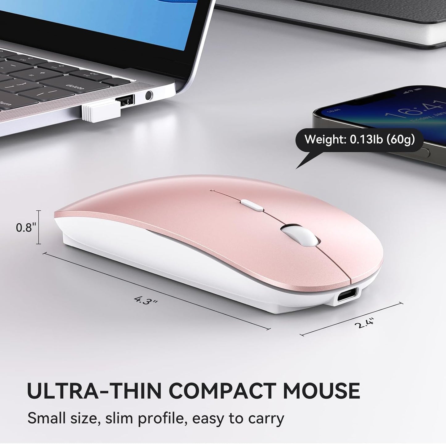 RaceGT USB C Wireless Mouse for MacBook Pro/Air, Rechargeable Portable Silent Mouse for Laptop, USB C & USB A Dual Mode Receiver Cordless Mice for MacBook, Mac, PC, Desktop and Multi-Device-Rose Gold