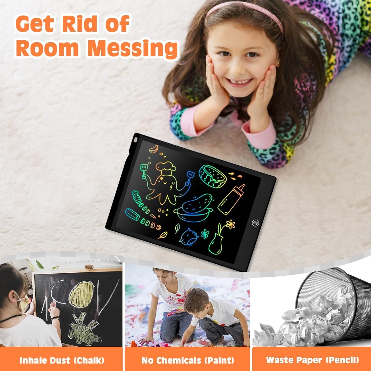 LCD Writing Tablet, 12 inch Reusable Drawing Pad for Kids, Colourful Screen Drawing Tablet Doodle Board w/ Stylus Pen, Toy for 3 4 5 6 7 8 Years, Travel Games Toys Gifts for Kids and Adults, Black