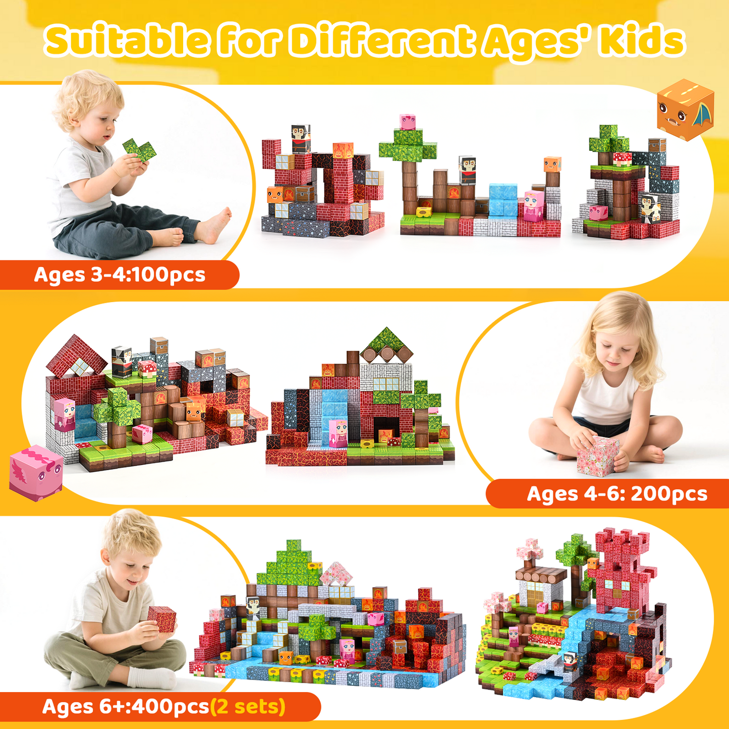 Magnetic Blocks, Upgraded 200pcs Magnet Tiles Building Set for Boys & Girls, Magnetic Cubes Toys, STEM Montessori Sensory Toys for Kids, Birthday Festival Gifts for Ages 3+ Years Old (Lava)