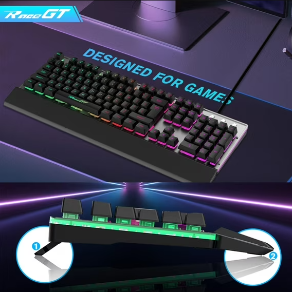 RaceGT Wired Mechanical Gaming Keyboard, RGB Backlit Computer Keyboard with Wrist Rest, 104 Keys Full Size Membrane Gaming Keyboard Splash-Proof Design Metal Panel for Windows, Mac, PC, Laptop