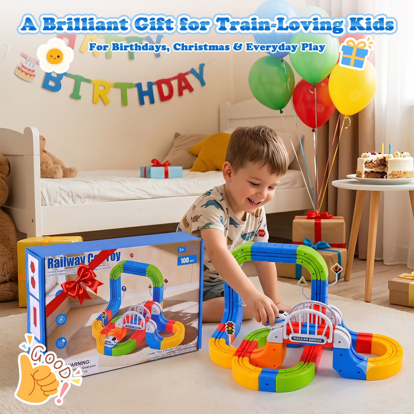 RaceGT Electric Train Set for Kids, 100Pcs Build 3D DIY Track Building Kits with Train and Traffic Signs, Racing Track Sets, STEM Car Toy Set for Boys Girls, 3 4 5 6 7 8 Years Old Birthday Gift
