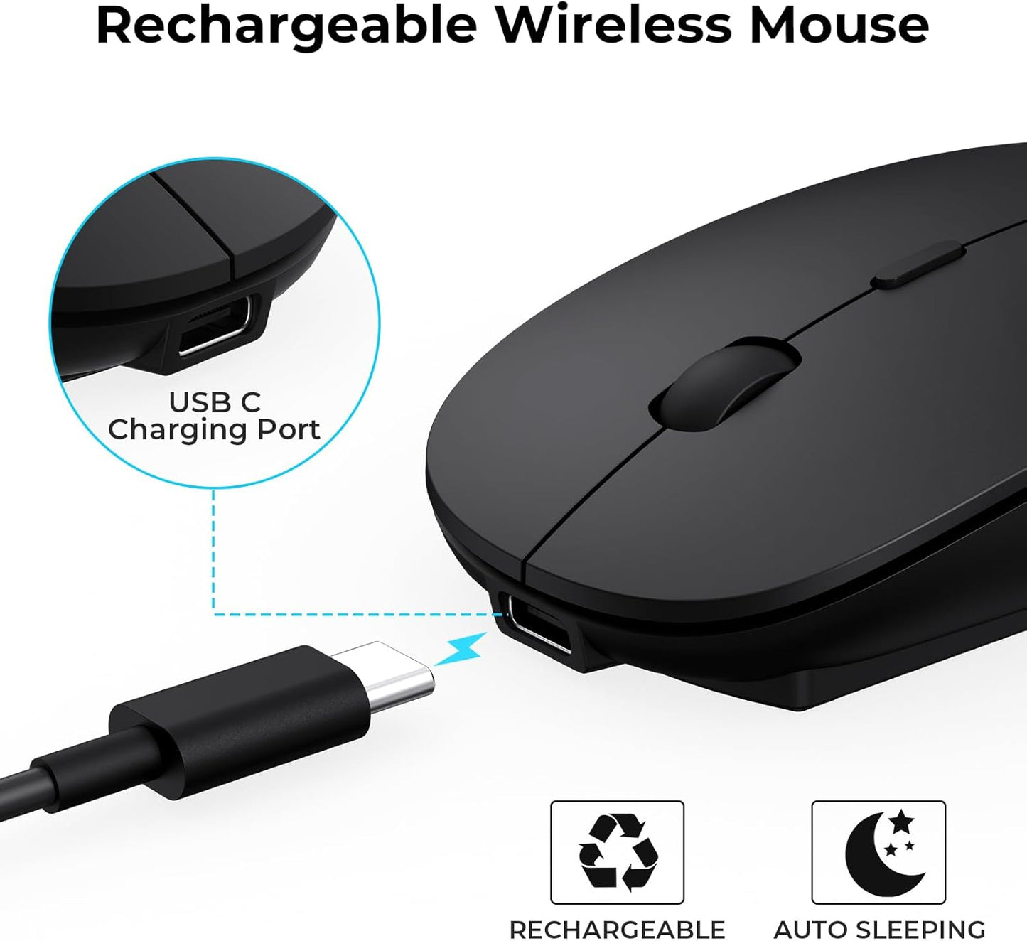 RaceGT Bluetooth Mouse for MacBook Pro/Air, Wireless Rechargeable Portable Silent Mouse for Laptop, BT5.4 & USB C & USB A Tri-Mode Cordless Mice for MacBook, Mac, PC, Desktop and Multi-Device-Black