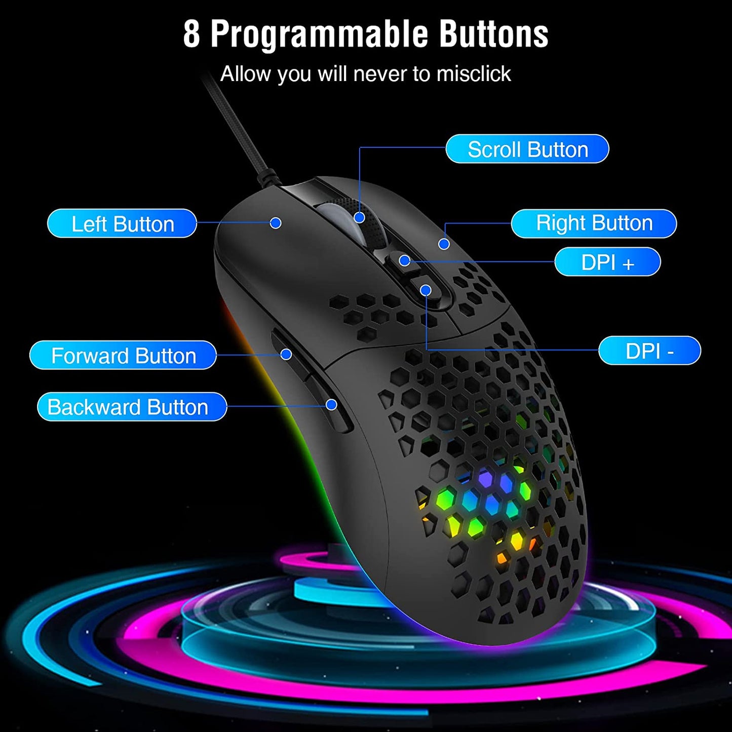 RaceGT Wired Gaming Mouse with Honeycomb Shell, Adjustable8000 DPI, 7 Programmable Buttons, Lightweight Gaming Mice with 6 RGB Backlight for Windows PC Gaming and Office, Black