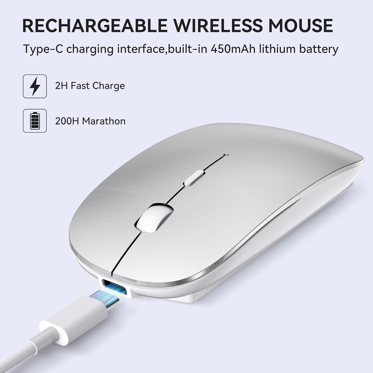 RaceGT USB C Wireless Mouse, Rechargeable Portable Silent Mouse Nano USB and Type C Receiver Dual Mode Wireless Mice, Slim Travel Mouse for MacBook Air, Laptop, Mac, MacBook, Chromebook, PC, Silver