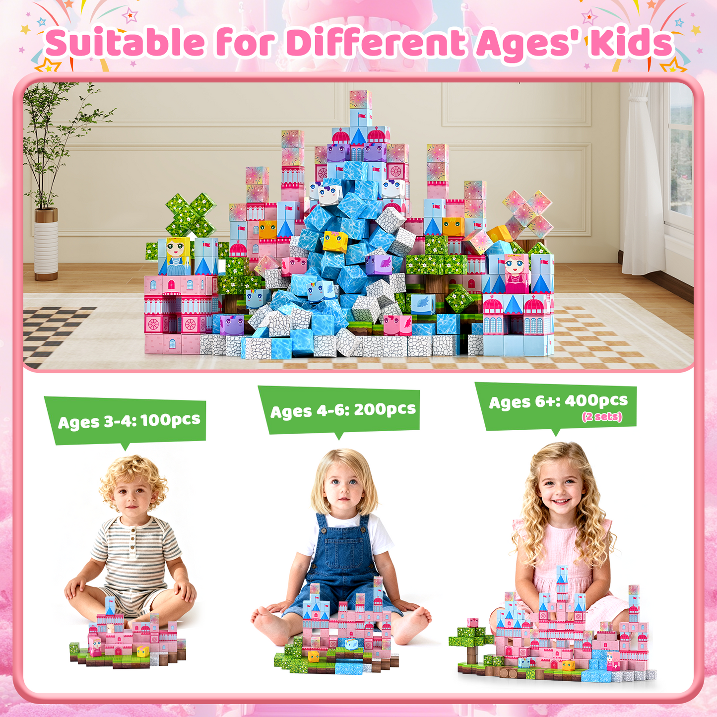 Magnetic Blocks, Upgraded 200pcs Magnet Tiles Building Set for Boys & Girls, Magnetic Cubes Toys, STEM Montessori Sensory Toys for Kids, Birthday Festival Gifts for Ages 3+ Years Old (Castle)