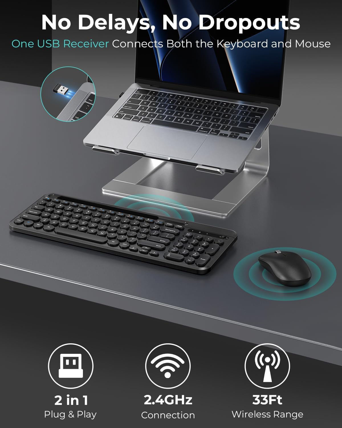 RaceGT Computer Keyboards & Mice, Wireless USB 2.4G Standard Keyboard & Mouse Set, Keyboard with Tablet Phone Holder, Silent Optical Mouse, Black