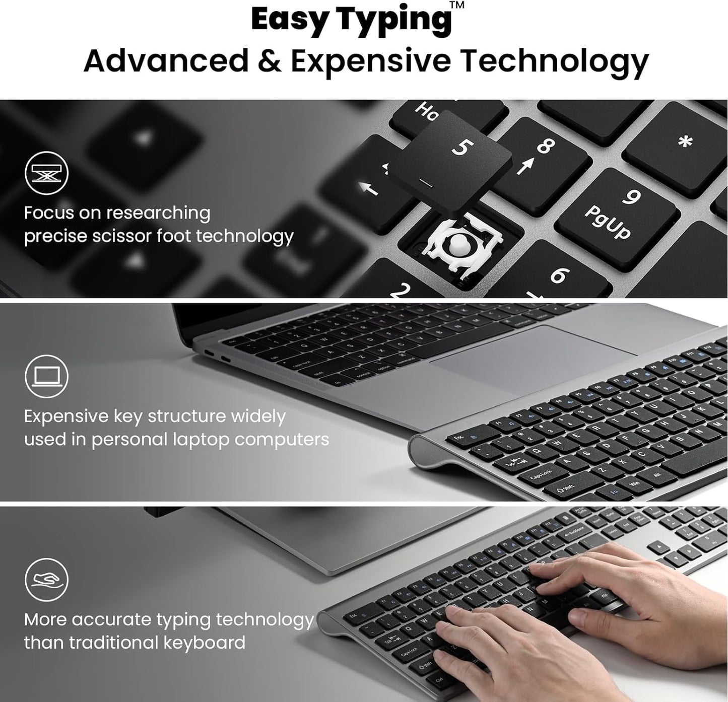 Rechargeable Wireless Keyboard and Mouse Combo, cimetech Full Size Silent Ergonomic Scissor Keyboard and Optical Mouse Set, 2.4G Lag-Free Cordless Keyboard Mice for Computer,Mac,Laptop,Windows-Gray