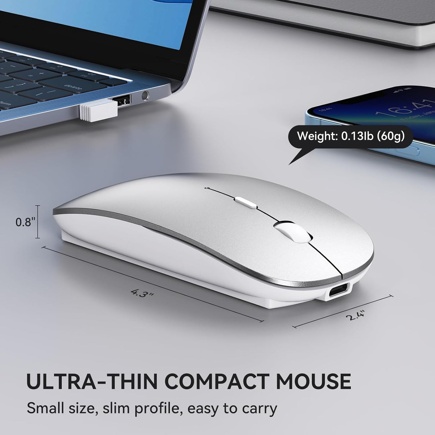 RaceGT USB C Wireless Mouse, Rechargeable Portable Silent Mouse Nano USB and Type C Receiver Dual Mode Wireless Mice, Slim Travel Mouse for MacBook Air, Laptop, Mac, MacBook, Chromebook, PC, Silver