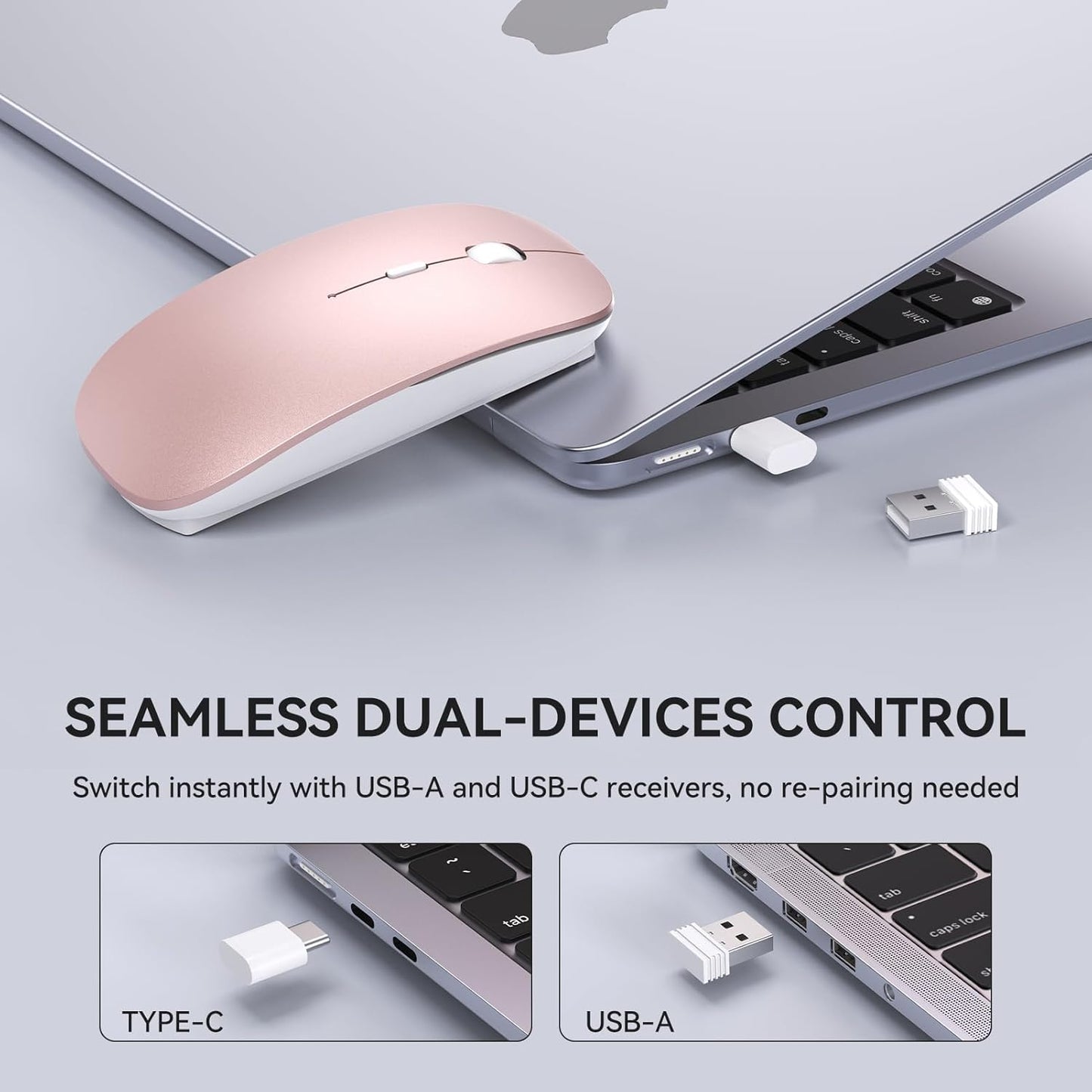 RaceGT USB C Wireless Mouse for MacBook Pro/Air, Rechargeable Portable Silent Mouse for Laptop, USB C & USB A Dual Mode Receiver Cordless Mice for MacBook, Mac, PC, Desktop and Multi-Device-Rose Gold