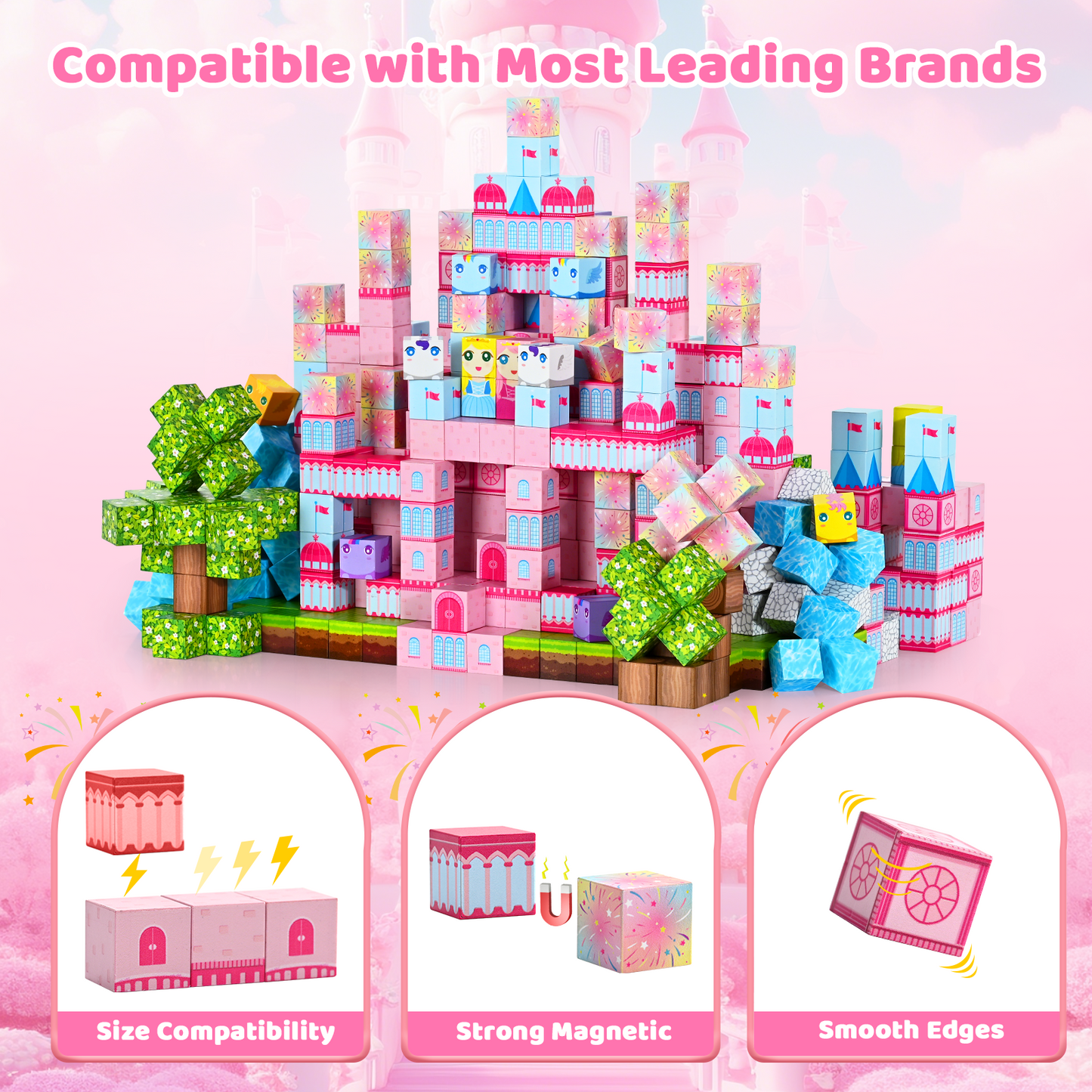 Magnetic Blocks, Upgraded 200pcs Magnet Tiles Building Set for Boys & Girls, Magnetic Cubes Toys, STEM Montessori Sensory Toys for Kids, Birthday Festival Gifts for Ages 3+ Years Old (Castle)