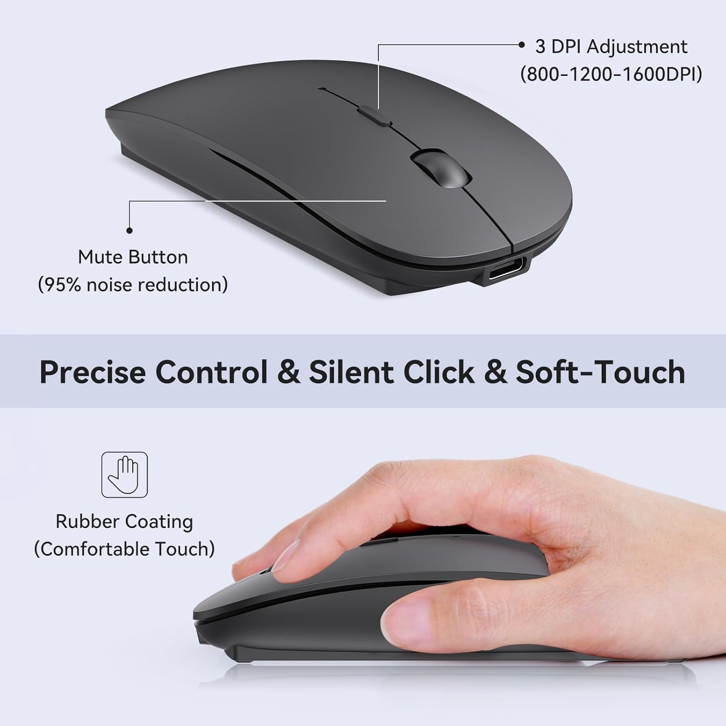 RaceGT Bluetooth Mouse for MacBook Pro/Air, Wireless Rechargeable Portable Silent Mouse for Laptop, BT5.4 & USB C & USB A Tri-Mode Cordless Mice for MacBook, Mac, PC, Desktop and Multi-Device-Black