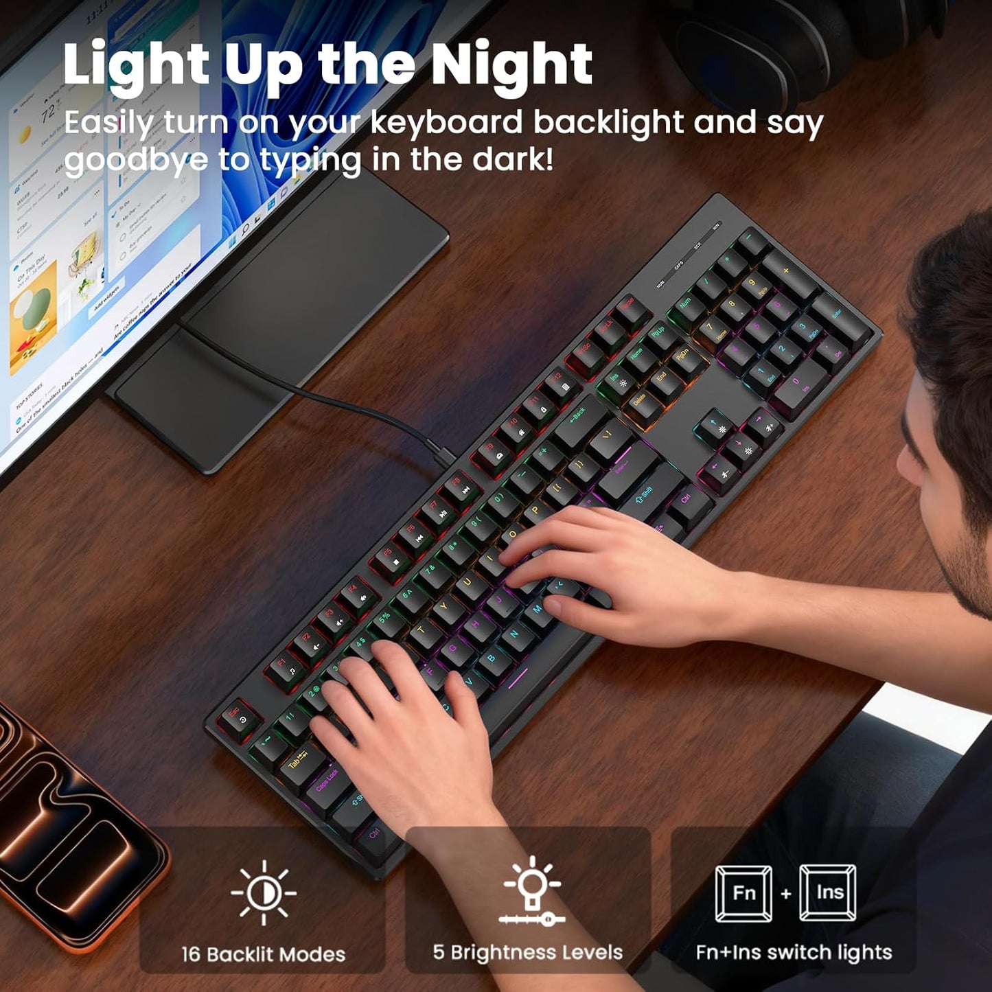 Wired Mechanical Keyboard,104 Keys Full Size LED Backlit Keyboard with Red Switch, Light Up USB Computer Gaming Keyboard for PC Mac Xbox Gamer