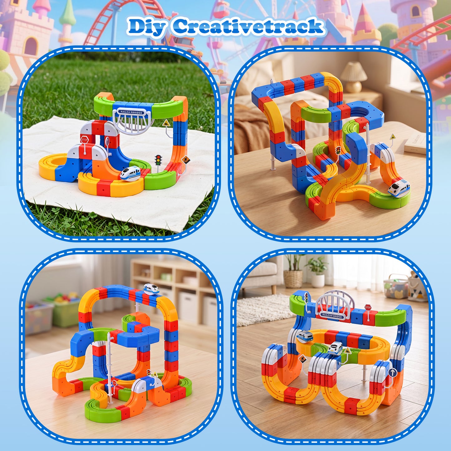 RaceGT Electric Train Set for Kids, 100Pcs Build 3D DIY Track Building Kits with Train and Traffic Signs, Racing Track Sets, STEM Car Toy Set for Boys Girls, 3 4 5 6 7 8 Years Old Birthday Gift