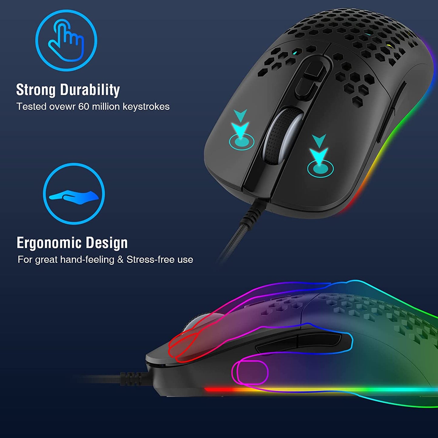 RaceGT Wired Gaming Mouse with Honeycomb Shell, Adjustable8000 DPI, 7 Programmable Buttons, Lightweight Gaming Mice with 6 RGB Backlight for Windows PC Gaming and Office, Black