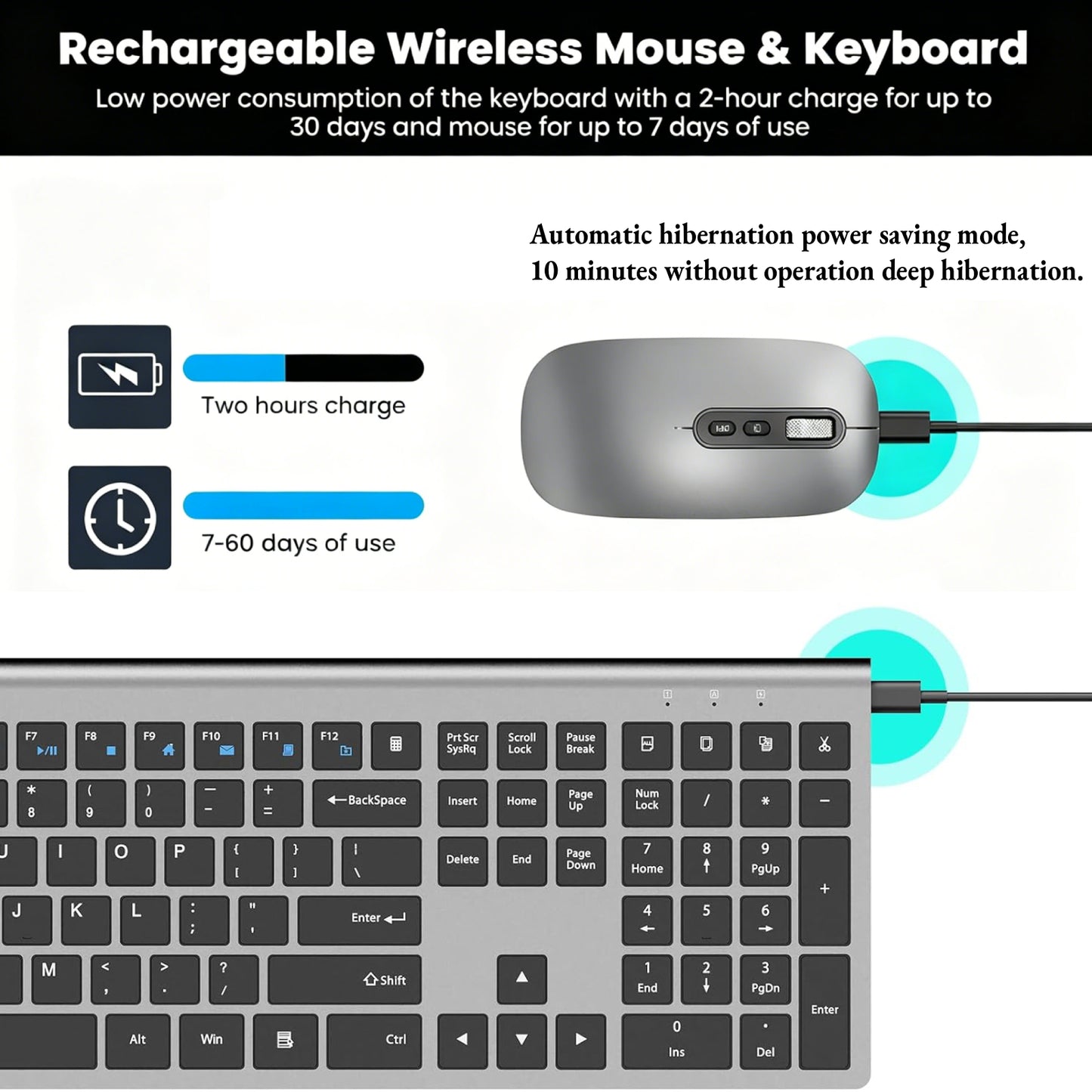 Rechargeable Wireless Keyboard and Mouse Combo, cimetech Full Size Silent Ergonomic Scissor Keyboard and Optical Mouse Set, 2.4G Lag-Free Cordless Keyboard Mice for Computer,Mac,Laptop,Windows-Gray