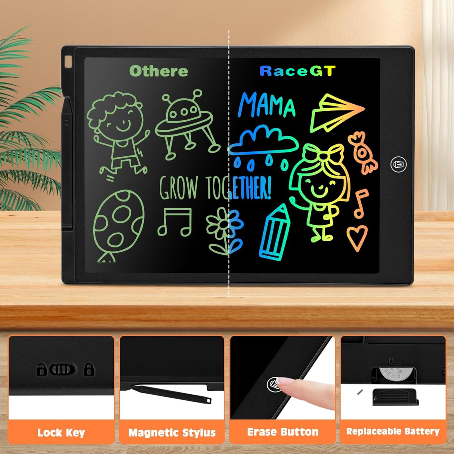 LCD Writing Tablet, 12 inch Reusable Drawing Pad for Kids, Colourful Screen Drawing Tablet Doodle Board w/ Stylus Pen, Toy for 3 4 5 6 7 8 Years, Travel Games Toys Gifts for Kids and Adults, Black