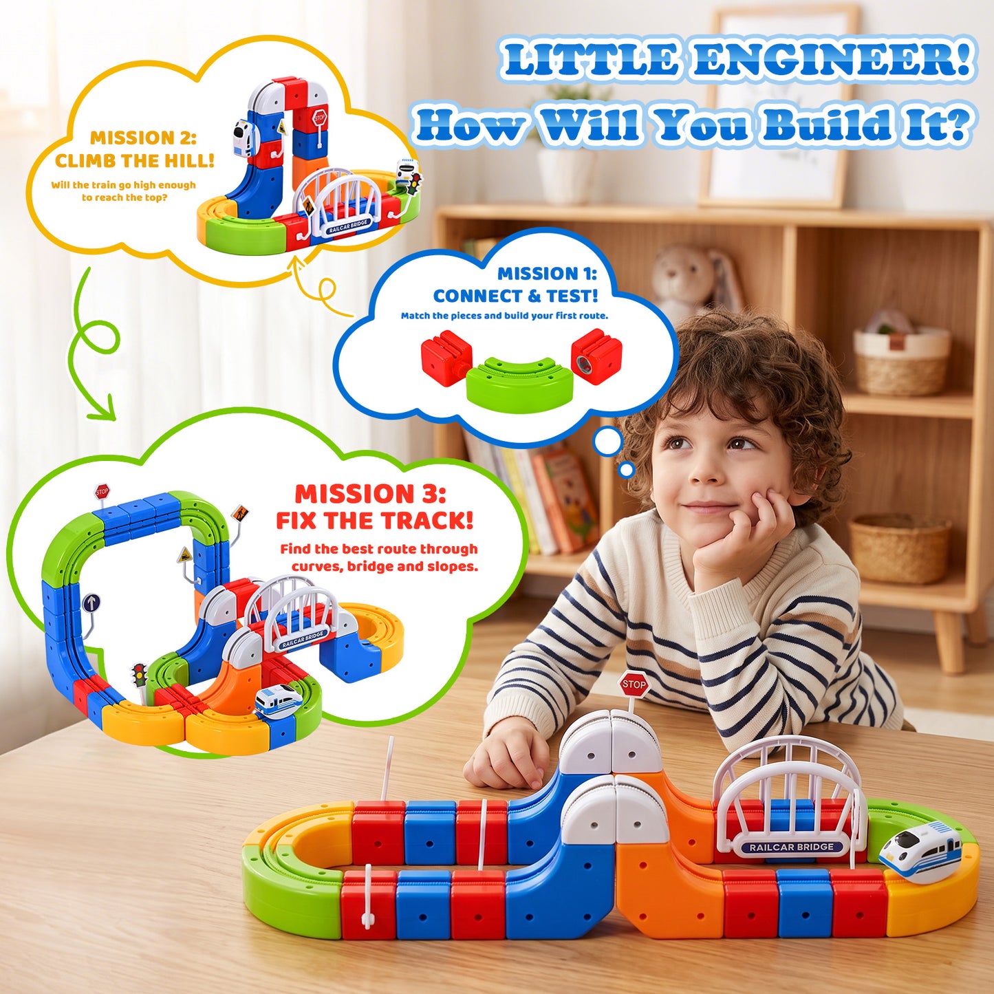 RaceGT Electric Train Set for Kids, 100Pcs Build 3D DIY Track Building Kits with Train and Traffic Signs, Racing Track Sets, STEM Car Toy Set for Boys Girls, 3 4 5 6 7 8 Years Old Birthday Gift