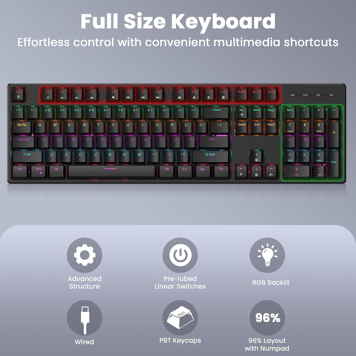 Wired Mechanical Keyboard,104 Keys Full Size LED Backlit Keyboard with Red Switch, Light Up USB Computer Gaming Keyboard for PC Mac Xbox Gamer