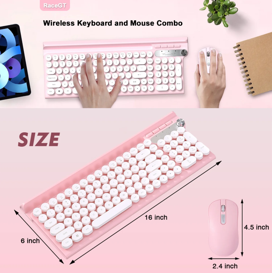 Wireless Keyboard and Mouse Combo, RaceGT Silent Keyboard Mouse Set, Full-Sized Typewriter Keyboard with Phone Tablet Holder, Round Keycaps, 2.4G Mouse Compatible with PC/Laptop/Computer(Pink)