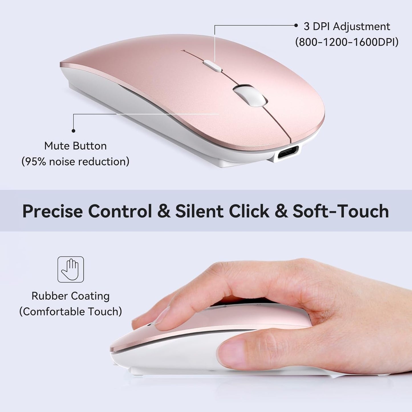 RaceGT USB C Wireless Mouse for MacBook Pro/Air, Rechargeable Portable Silent Mouse for Laptop, USB C & USB A Dual Mode Receiver Cordless Mice for MacBook, Mac, PC, Desktop and Multi-Device-Rose Gold