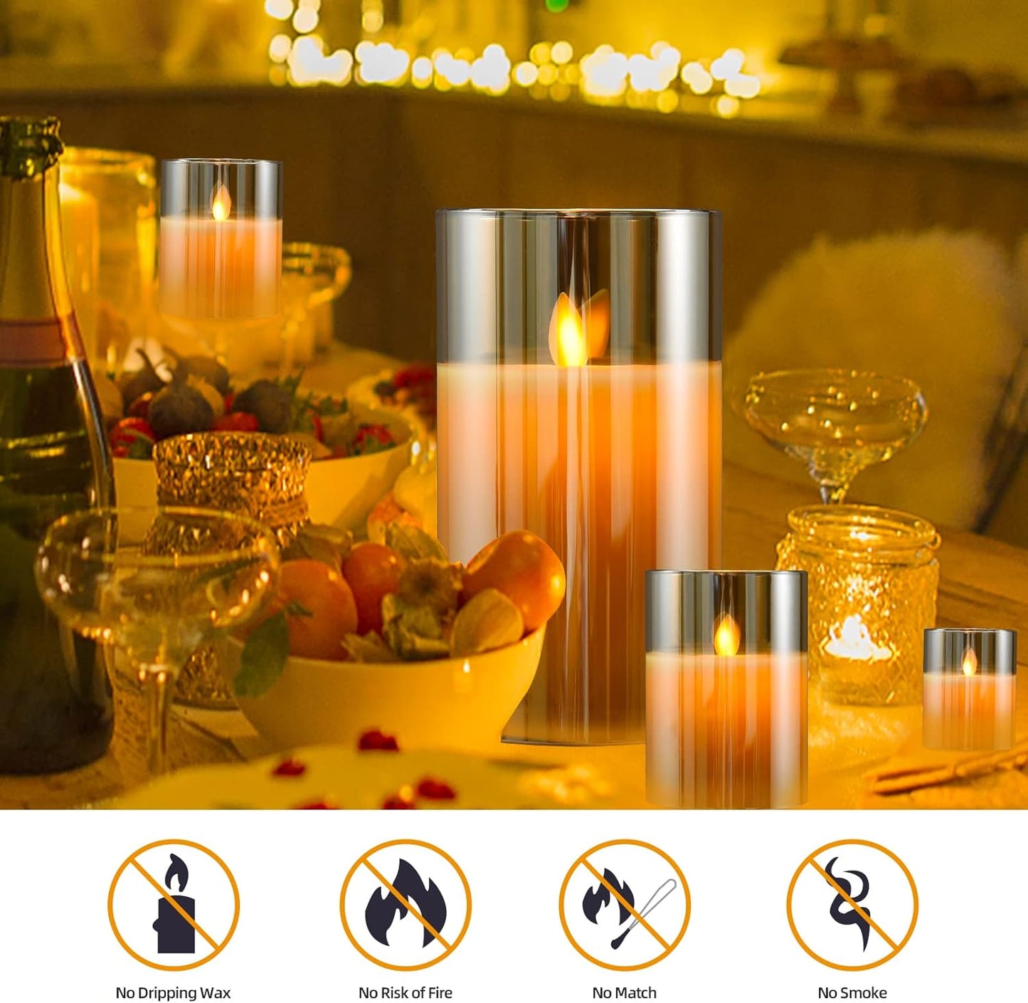 cntorich Flameless Candles 4" 5" 6" Set of 3 Outdoor Indoor Fake Pillars Gold Glass LED Battery Operated Candles Include 10-Key Remote Timer for Wedding Party Halloween Christmas Thanksgiving