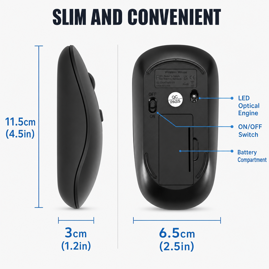RaceGT Wireless Mouse Slim Ultra Thin 2.4G Wireless Computer Mouse with Type-C Nano USB Receiver, Portable Silent Office Mouse for Laptop Desktop PC, Portable Travel Office Mouse,Black