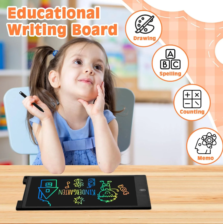 LCD Writing Tablet, 12 inch Reusable Drawing Pad for Kids, Colourful Screen Drawing Tablet Doodle Board w/ Stylus Pen, Toy for 3 4 5 6 7 8 Years, Travel Games Toys Gifts for Kids and Adults, Black