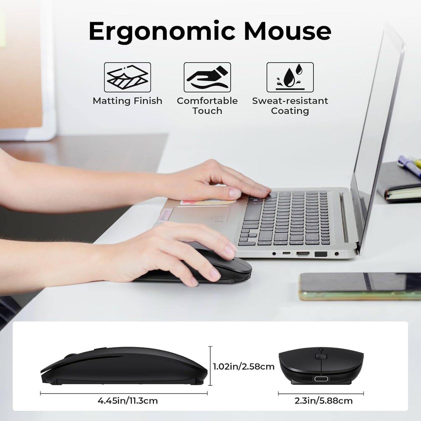 RaceGT Bluetooth Mouse for MacBook Pro/Air, Wireless Rechargeable Portable Silent Mouse for Laptop, BT5.4 & USB C & USB A Tri-Mode Cordless Mice for MacBook, Mac, PC, Desktop and Multi-Device-Black