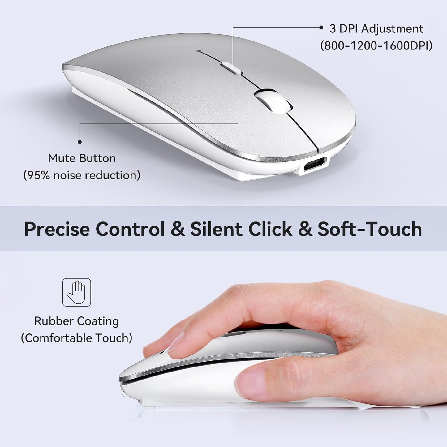 RaceGT USB C Wireless Mouse, Rechargeable Portable Silent Mouse Nano USB and Type C Receiver Dual Mode Wireless Mice, Slim Travel Mouse for MacBook Air, Laptop, Mac, MacBook, Chromebook, PC, Silver