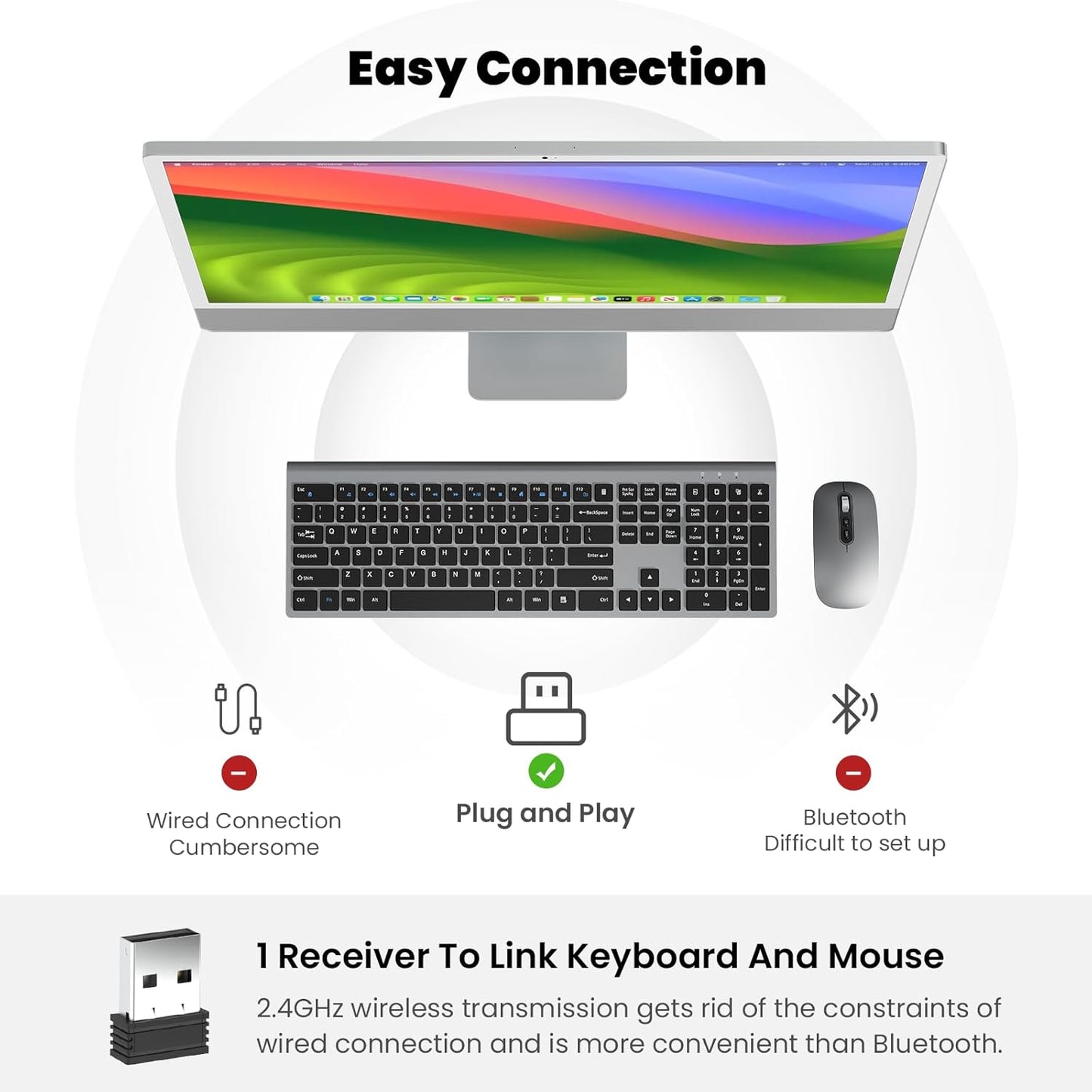 Rechargeable Wireless Keyboard and Mouse Combo, cimetech Full Size Silent Ergonomic Scissor Keyboard and Optical Mouse Set, 2.4G Lag-Free Cordless Keyboard Mice for Computer,Mac,Laptop,Windows-Gray