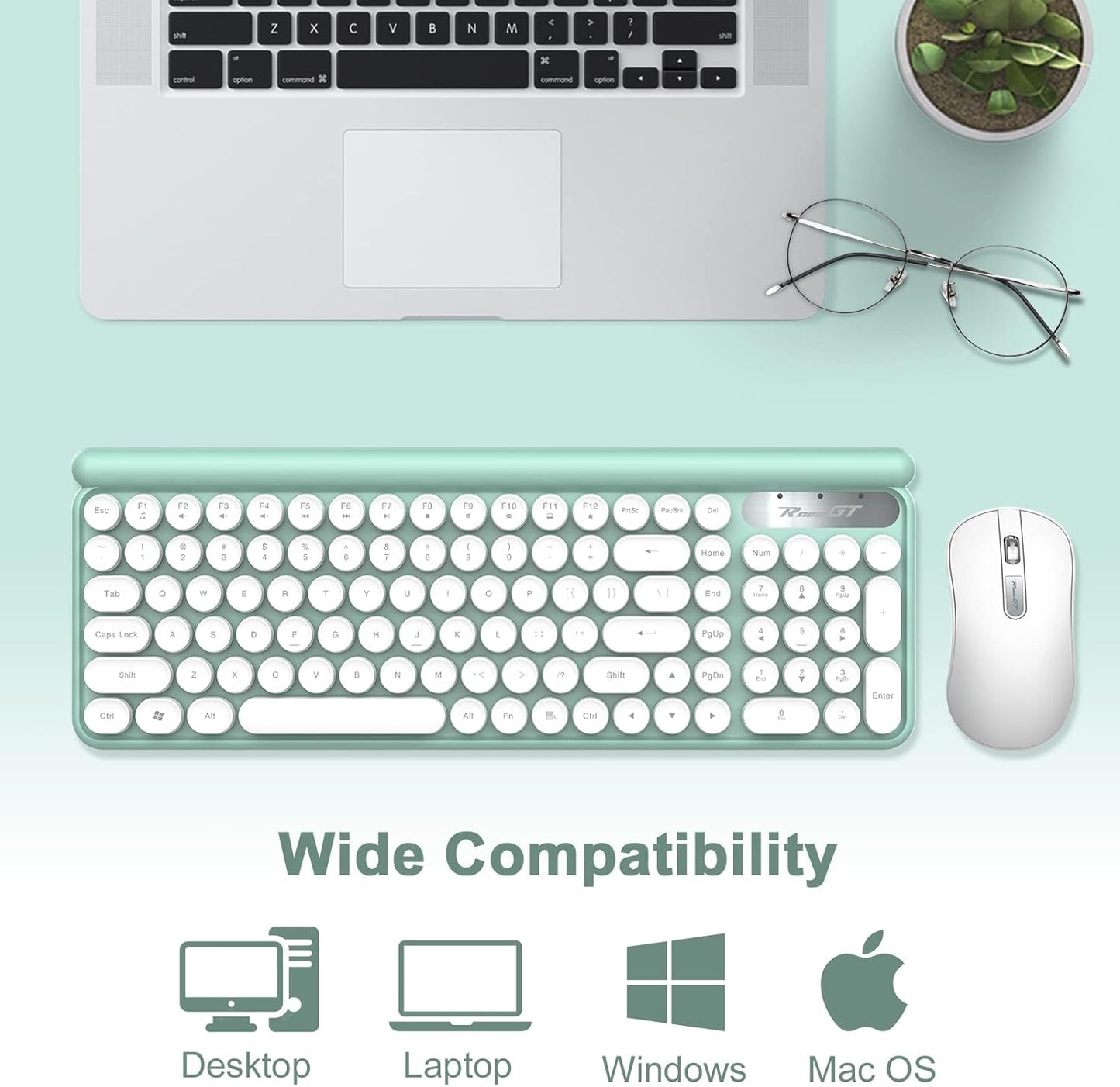Wireless Keyboard and Mouse Combo, RaceGT Typewriter Keyboard Mouse Combo, 2.4G Silent USB Mouse, Quiet Cordless Cute Retro Keyboard Mouse Set, for Windows, Computer, Desktop, PC, Laptop, Green