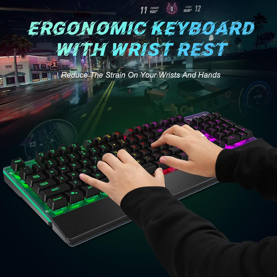 RaceGT Wired Mechanical Gaming Keyboard, RGB Backlit Computer Keyboard with Wrist Rest, 104 Keys Full Size Membrane Gaming Keyboard Splash-Proof Design Metal Panel for Windows, Mac, PC, Laptop