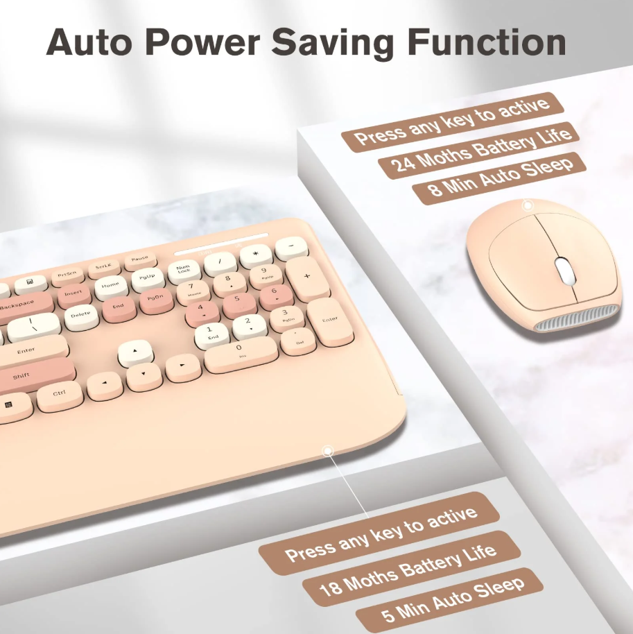 RaceGT Wireless Keyboard and Mouse Combo, Ergonomic Keyboard with Wrist Rest, Sleep Mode, Silent 2.4GHz Cordless Keyboard Mouse Combo for Computer, Laptop, PC, Mac, Windows - Cute Brown, Milk Tea