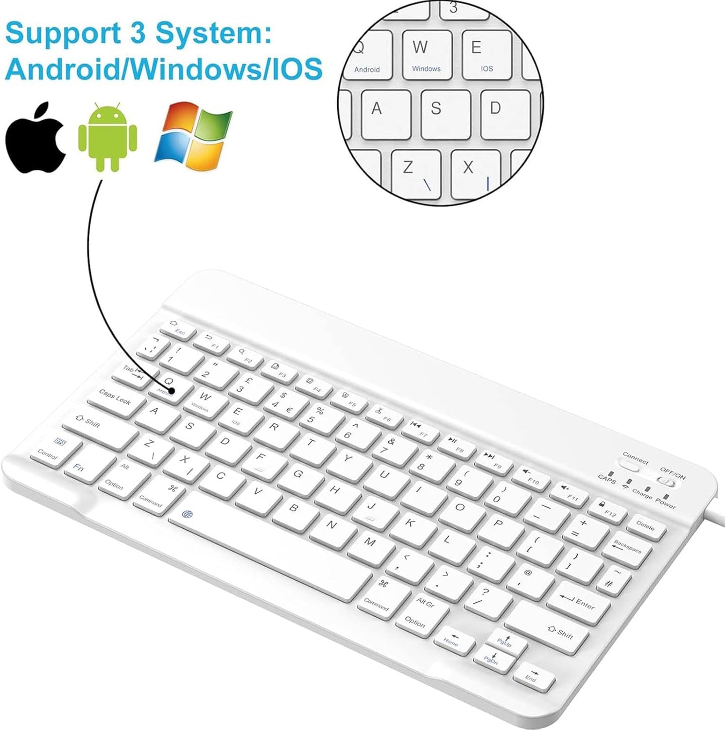 Cimetech Bluetooth Keyboard, Ultra-Slim Wireless Keyboard Quiet Portable Design with Built-in Rechargeable Battery, Fast Charging for iPad, iPhone, MacBook, Tablet,IOS, Android 3.0 and Above OS White