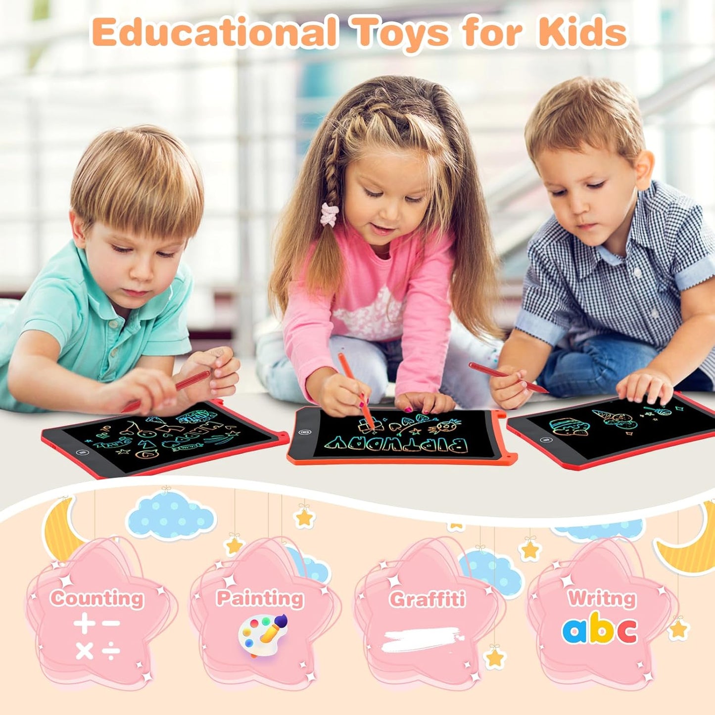 2 Pack LCD Doodle Board, 8.5 inch Reusable Drawing Tablet for Kids, LCD Writing Tablet Board w/ Stylus Pen, Pad for Boys and Girls, Birthday Gifts Travel Games Toys for Kids and Adults, Red & Orange
