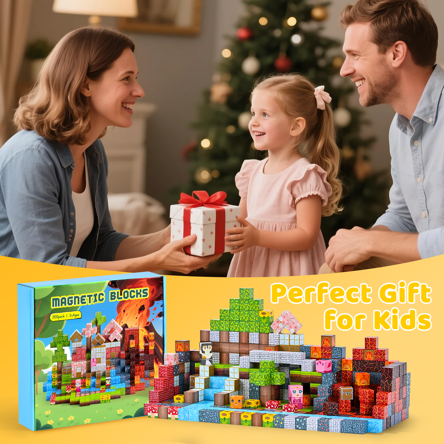 Magnetic Blocks, Upgraded 200pcs Magnet Tiles Building Set for Boys & Girls, Magnetic Cubes Toys, STEM Montessori Sensory Toys for Kids, Birthday Festival Gifts for Ages 3+ Years Old (Lava)