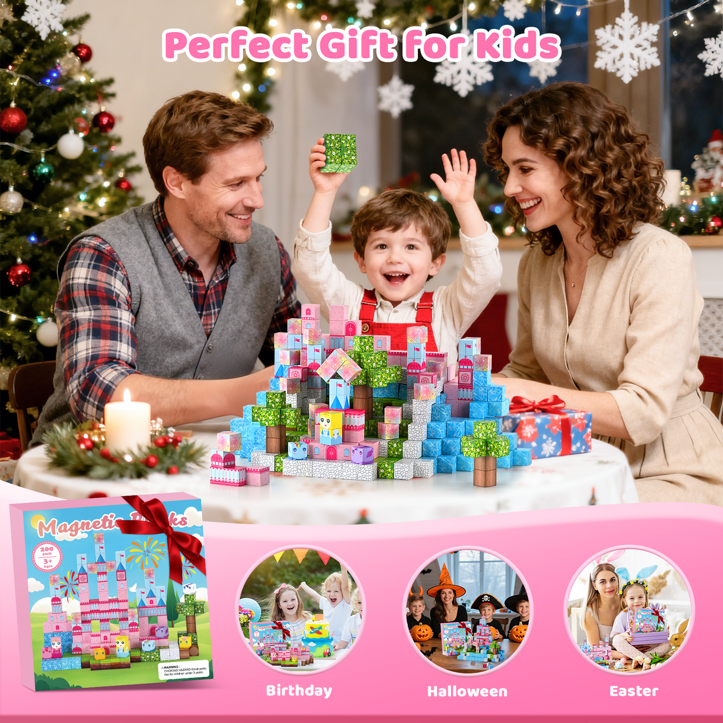 Magnetic Blocks, Upgraded 200pcs Magnet Tiles Building Set for Boys & Girls, Magnetic Cubes Toys, STEM Montessori Sensory Toys for Kids, Birthday Festival Gifts for Ages 3+ Years Old (Castle)