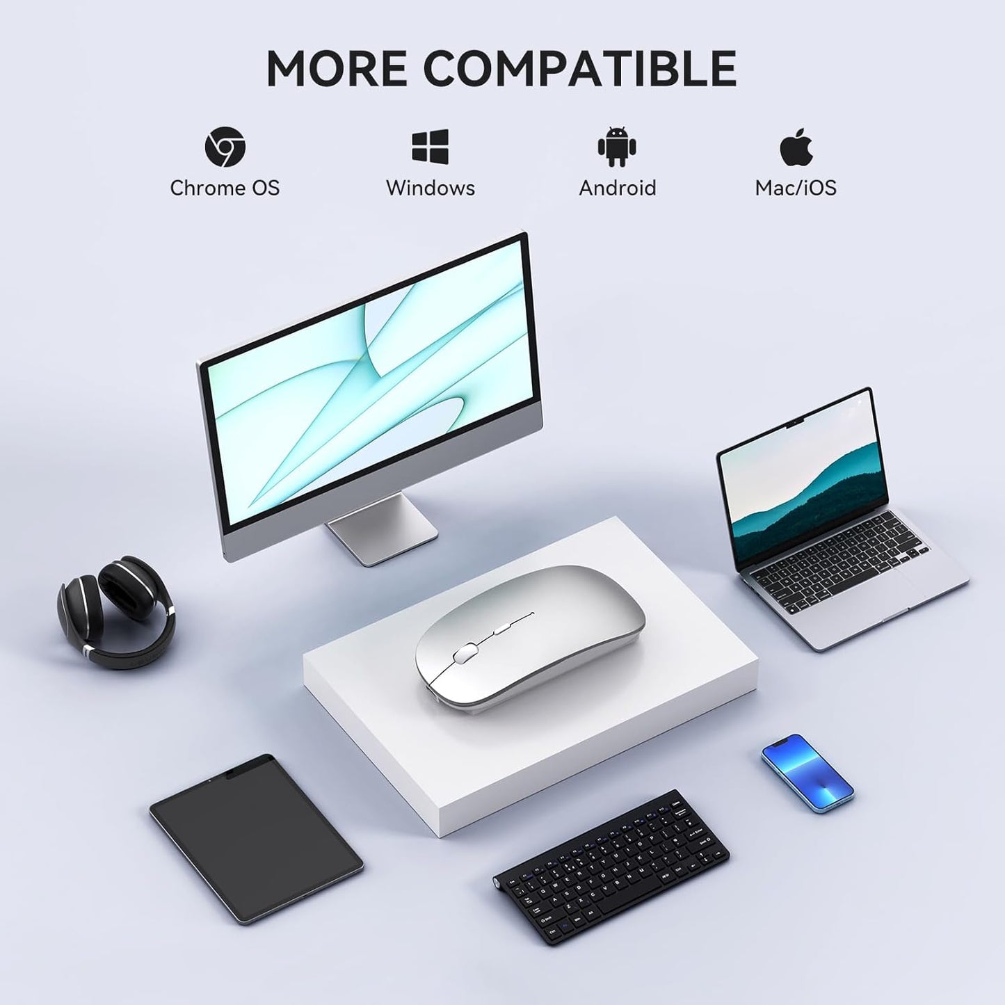 RaceGT USB C Wireless Mouse, Rechargeable Portable Silent Mouse Nano USB and Type C Receiver Dual Mode Wireless Mice, Slim Travel Mouse for MacBook Air, Laptop, Mac, MacBook, Chromebook, PC, Silver