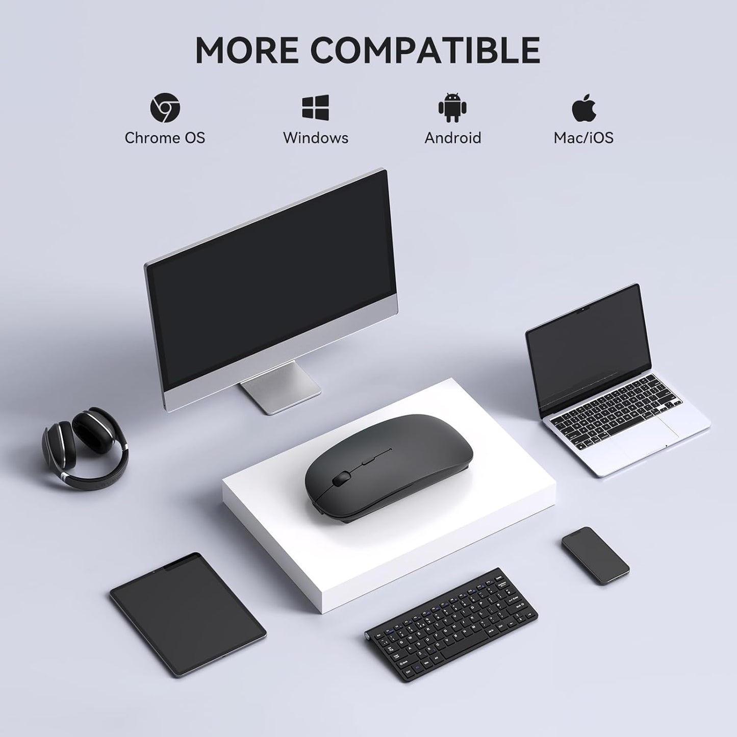 RaceGT Bluetooth Mouse for MacBook Pro/Air, Wireless Rechargeable Portable Silent Mouse for Laptop, BT5.4 & USB C & USB A Tri-Mode Cordless Mice for MacBook, Mac, PC, Desktop and Multi-Device-Black