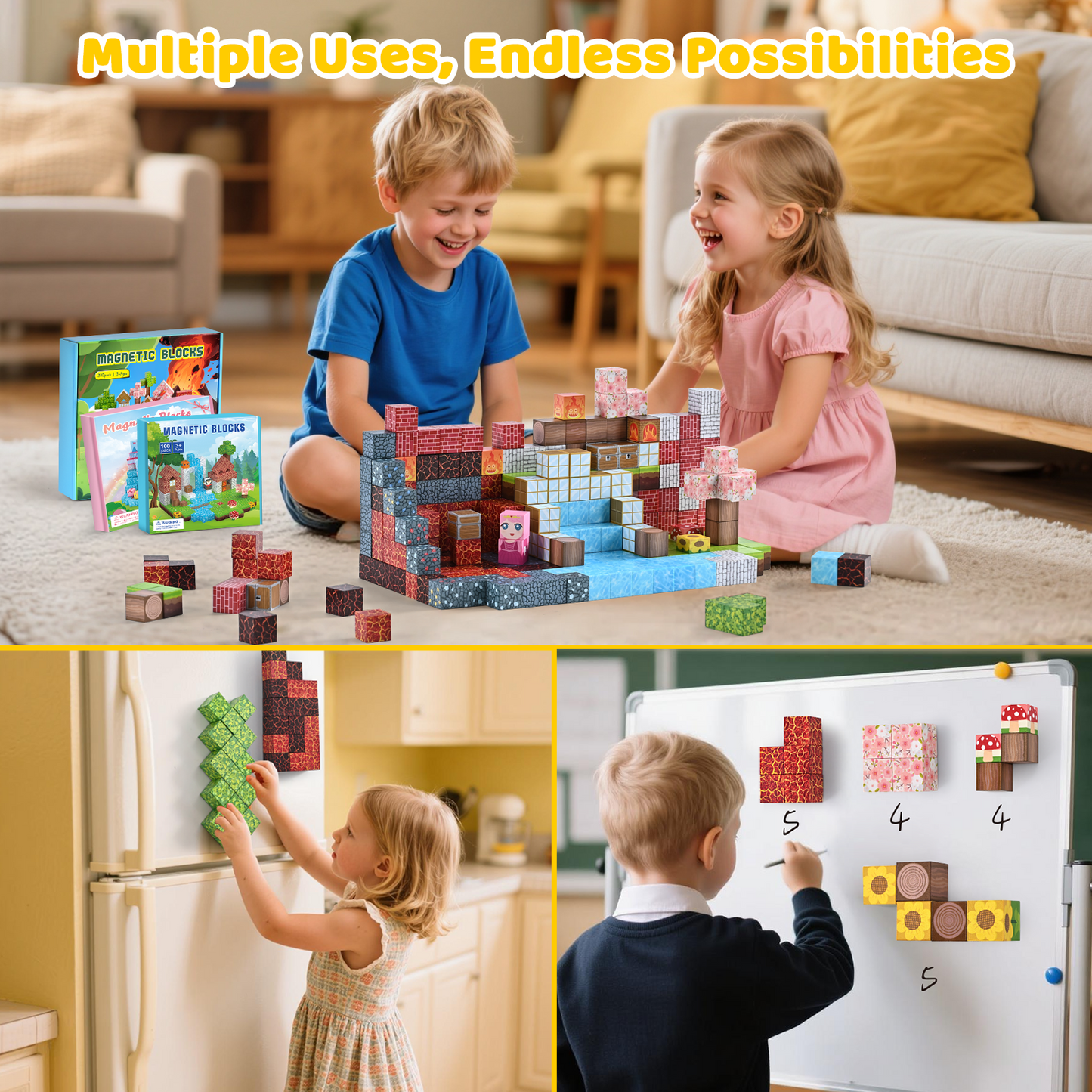 Magnetic Blocks, Upgraded 200pcs Magnet Tiles Building Set for Boys & Girls, Magnetic Cubes Toys, STEM Montessori Sensory Toys for Kids, Birthday Festival Gifts for Ages 3+ Years Old (Lava)