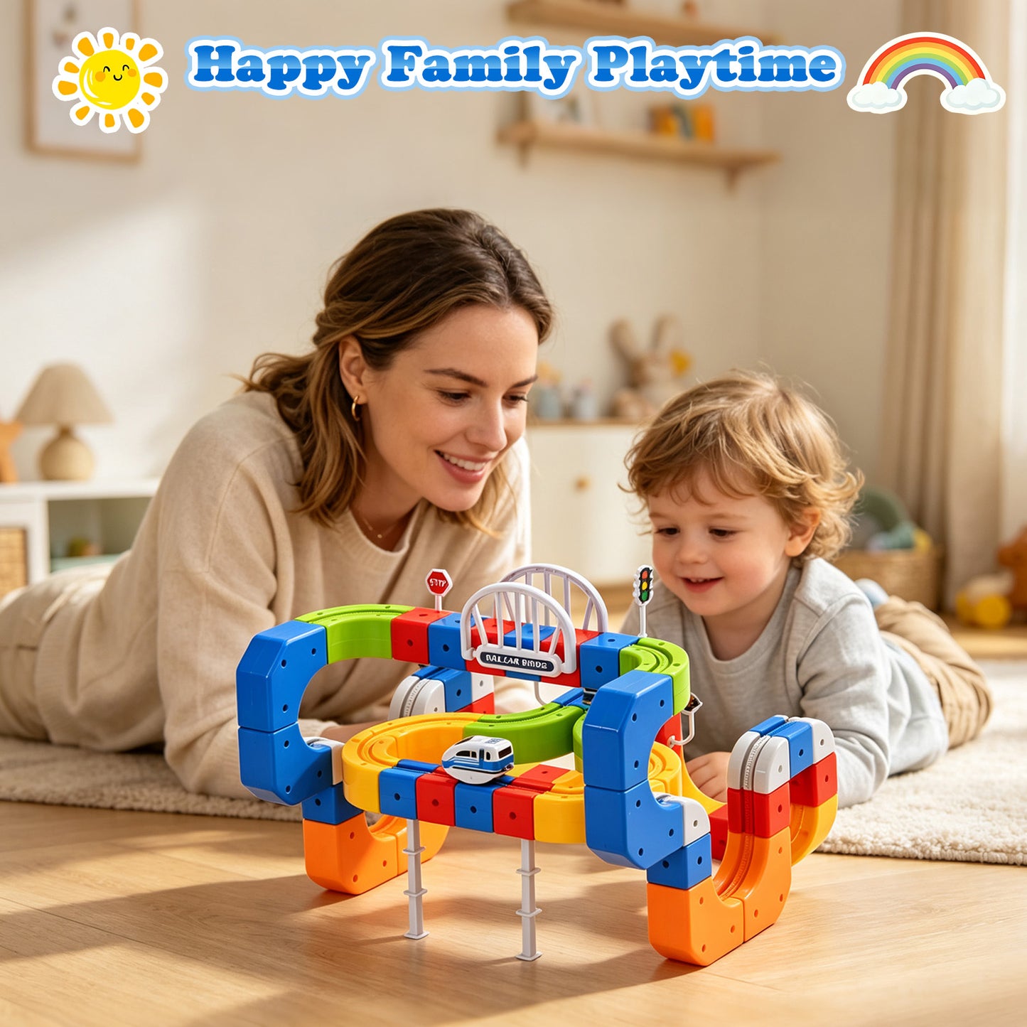 RaceGT Electric Train Set for Kids, 100Pcs Build 3D DIY Track Building Kits with Train and Traffic Signs, Racing Track Sets, STEM Car Toy Set for Boys Girls, 3 4 5 6 7 8 Years Old Birthday Gift