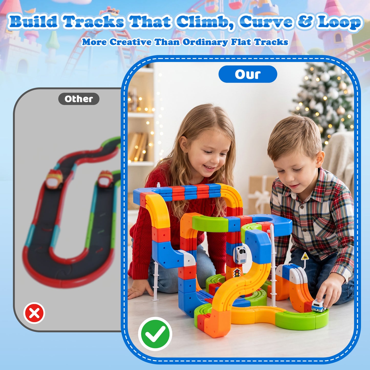 RaceGT Electric Train Set for Kids, 100Pcs Build 3D DIY Track Building Kits with Train and Traffic Signs, Racing Track Sets, STEM Car Toy Set for Boys Girls, 3 4 5 6 7 8 Years Old Birthday Gift
