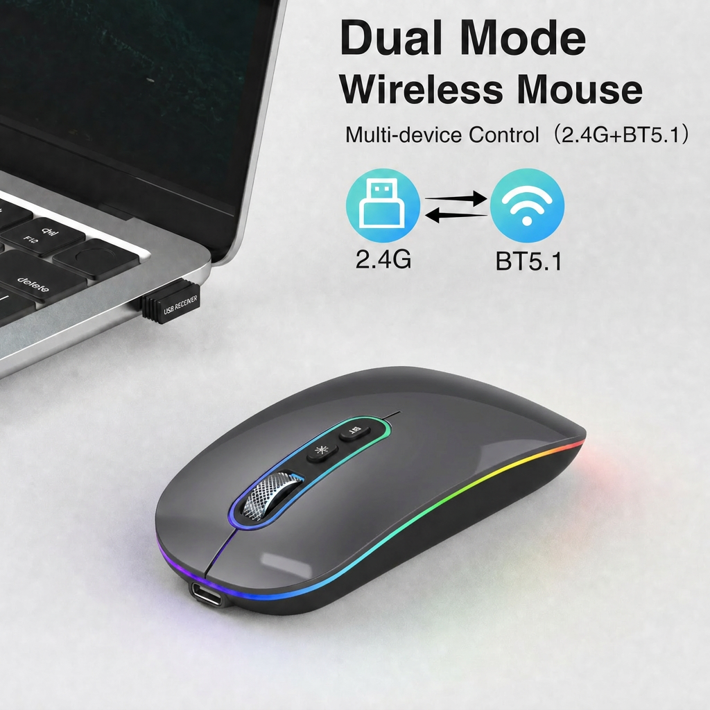 Cimetech Wireless Bluetooth Mouse Rechargeable, Computer Mice with Dual Mode (Bluetooth 5.1 and 2.4G), Compatible with iPad, Laptop, Mac, Windows Gray (Gray)