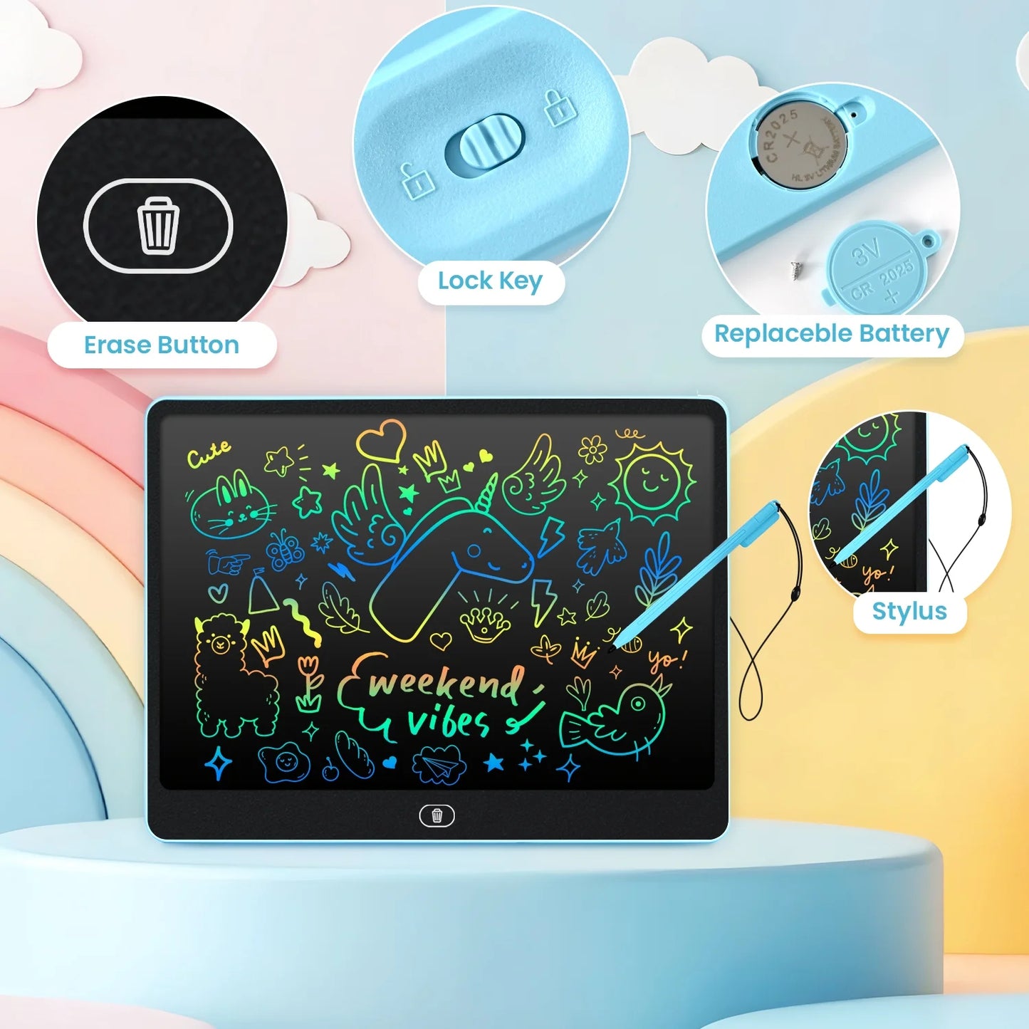 Cimetech LCD Writing Tablet, 16 inch Reusable Drawing Pad for Kids, Colorful Screen Drawing Tablet Doodle Board w/ Stylus Pen, Toy for 3 4 5 6 7 8 Years Old Girls Boys, Gift for Kids and Adults, Blue